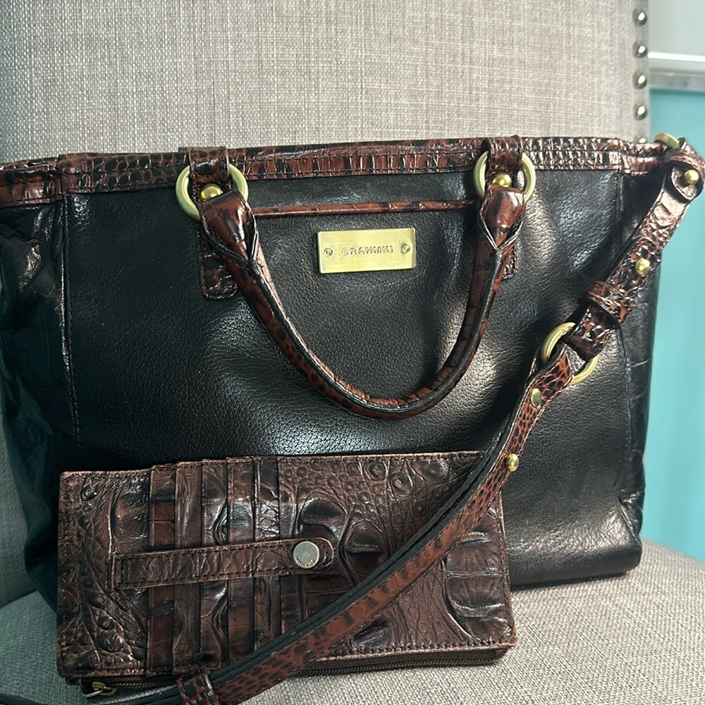 Brahmin Tuscan Black and Brown Leather Satchel🤎& matching Brahmin card wallet!